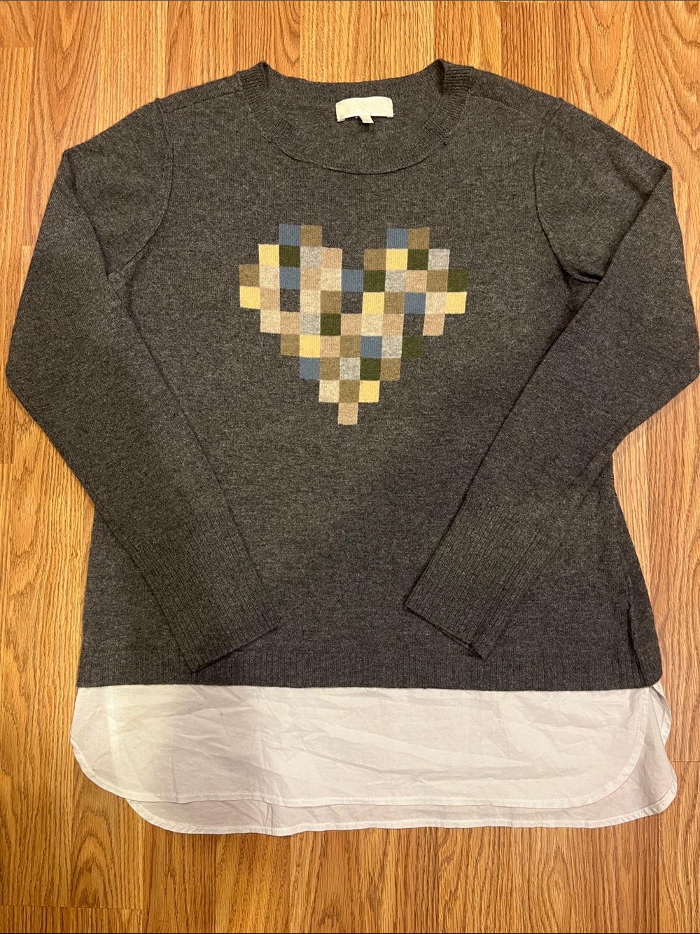 Lisa Todd Charcoal Pullover with Pixel Heart and Layered Hem